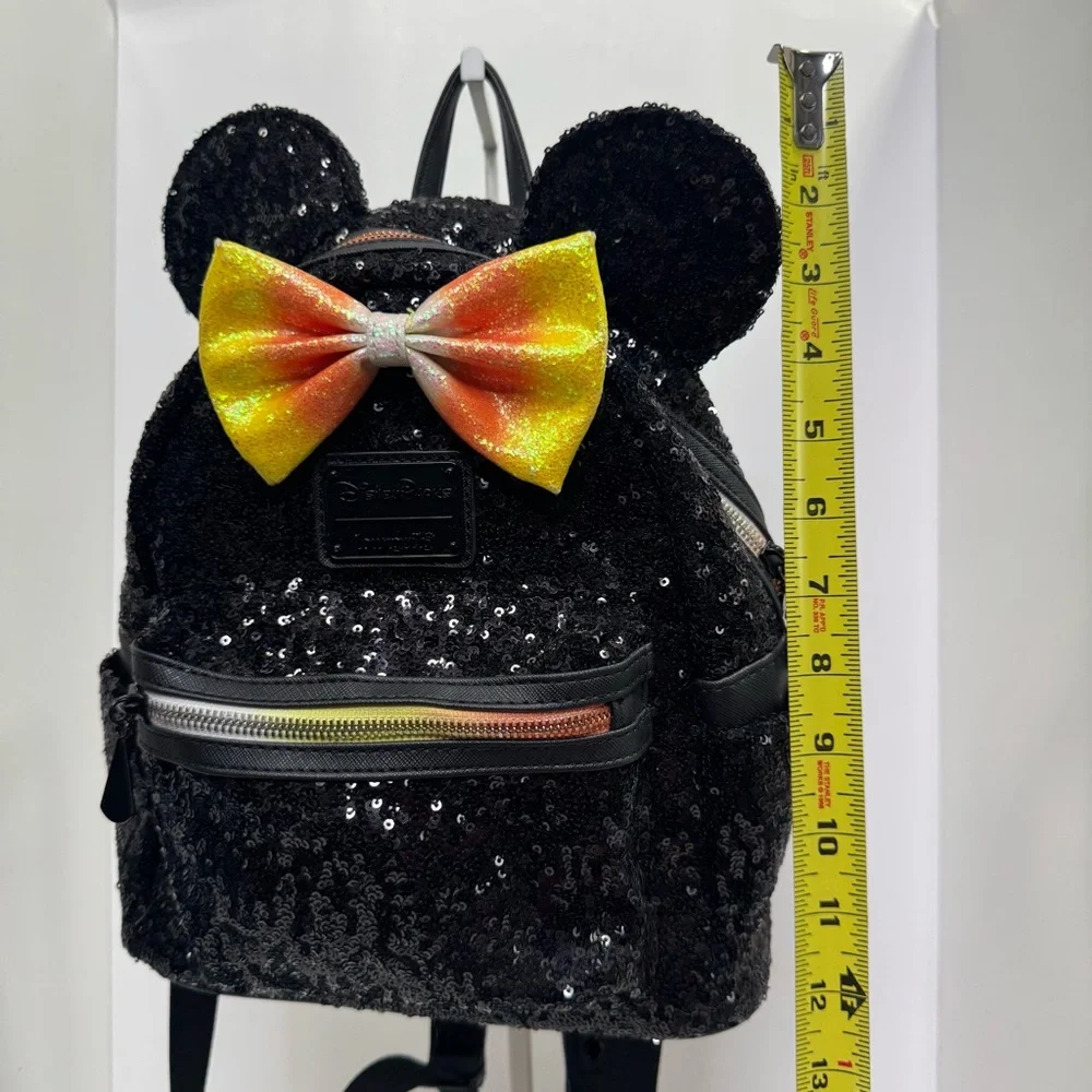 Disney Parks Loungefly Halloween Minnie Mouse Sequin Backpack Candy Corn Bow